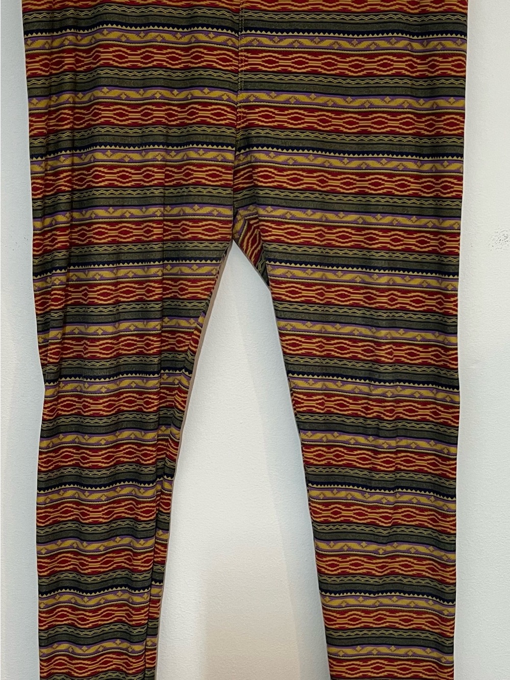 LuLaRoe Aztec Geometric Striped  Leggings in Red, Olive & Black Tribal Print